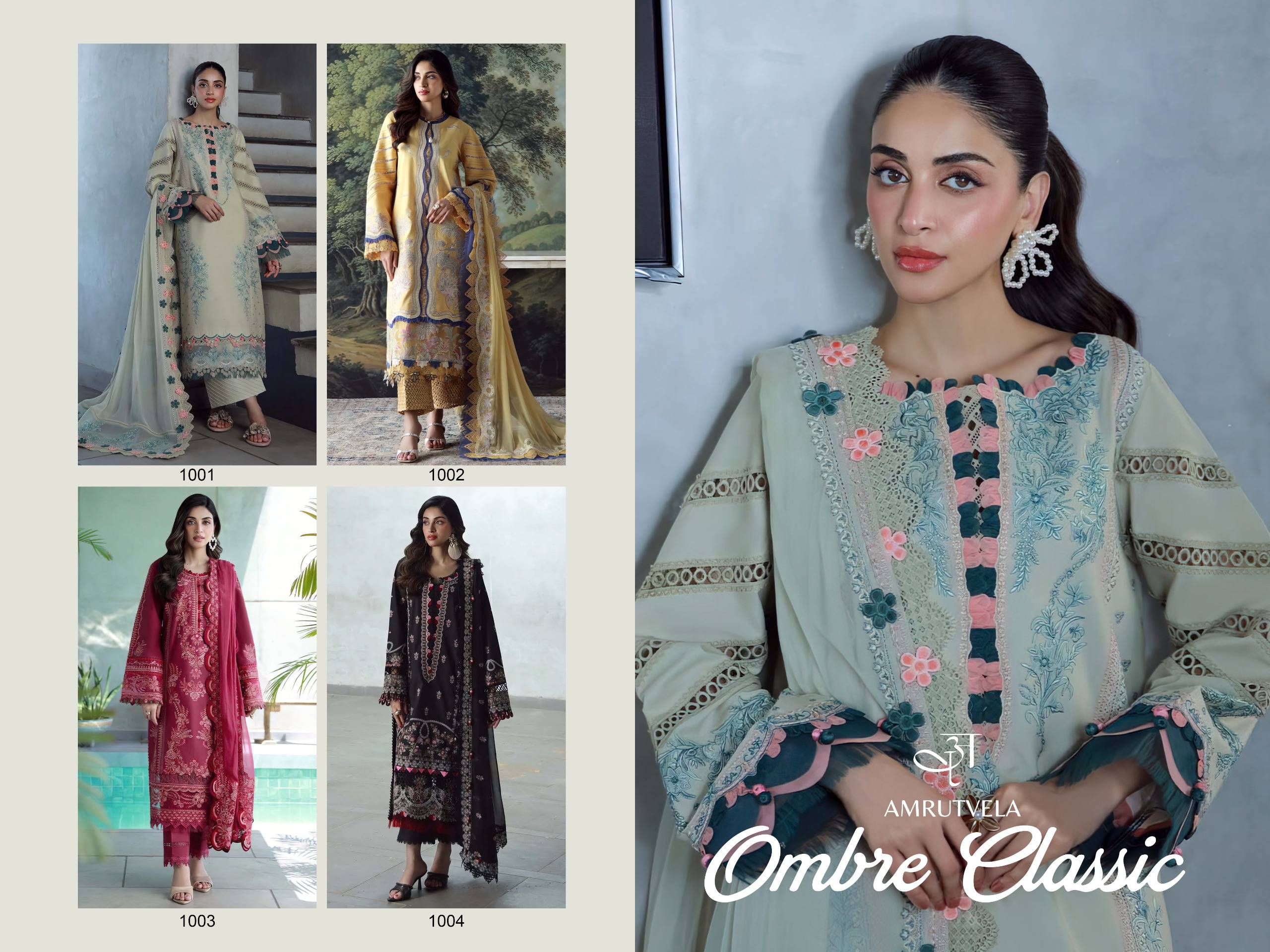  Ombre classic heavy embroidery duppta collection BY AMRUTVELA TEXTILE 1001 TO 1004 SERIES Pakistani Stylish Embroidered pure cotton Dresses At Wholesale Price